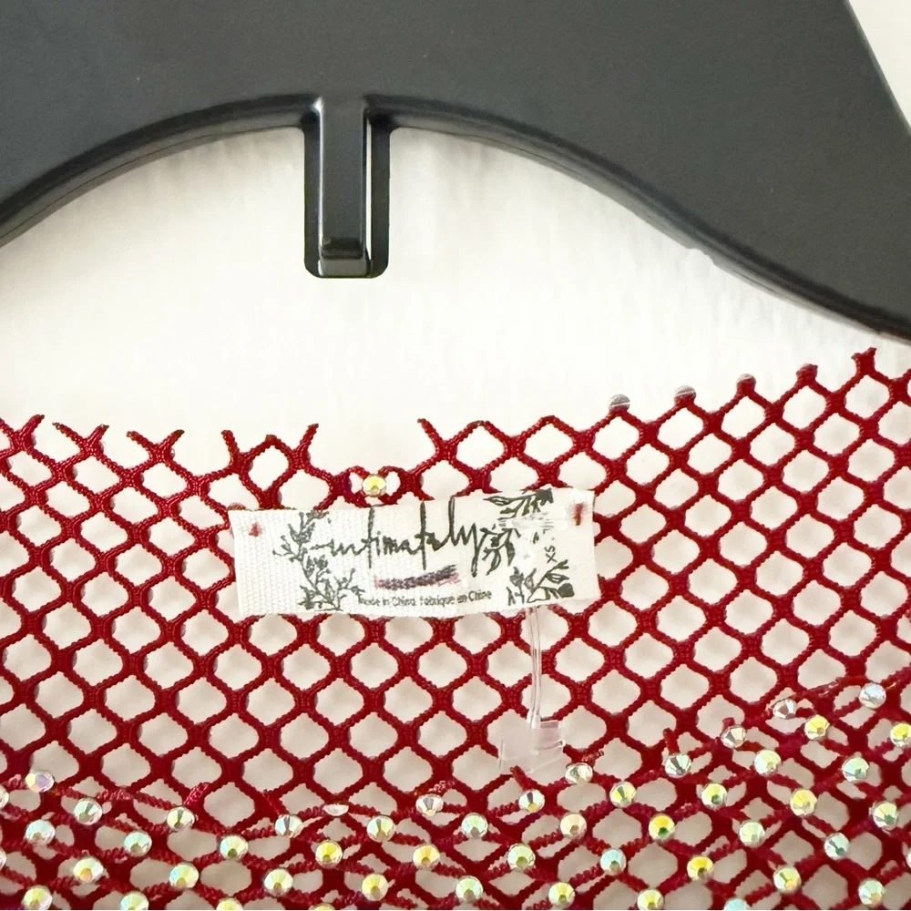 Free People Filter Finish Rhinestone Fishnet Ruby Red Long Sleeve Top Size XS